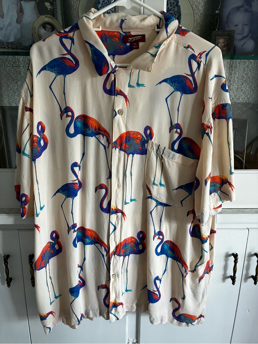 Men's Cream Short-Sleeve Button-Up Shirt with Blue & Orange Flamingo Print XXL
